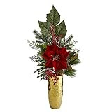 Nearly Natural 32in. Poinsettia, Berries, Pine and Pinecone Artificial Arrangement in Gold Vase, red | Amazon (US)