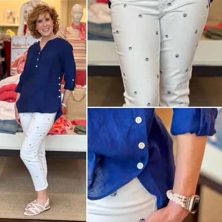 These cropped straight leg jeans have navy blue embroidered shells scattered all over! They’re a lightweight denim with a touch of stretch.

I paired them with a navy side button linen popover tunic length top with sleeves that can be rolled up or worn down.. It has patch front pockets and white buttons at the front and side.

Both items fit TTS!

Take 40% off your first item and 30% off the rest of your purchase with code SUMMER right now at Talbots!

#LTKSaleAlert #LTKStyleTip #LTKFindsUnder100