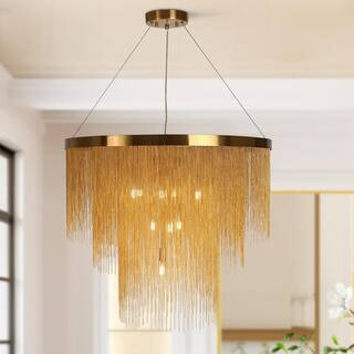Veils 31.5 in. 10-Light Plating Brass Circle Chandelier with Gold Metal Chain Fringe | The Home Depot