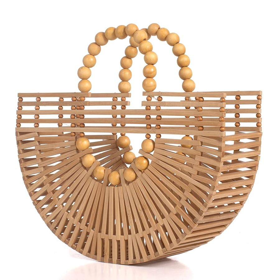 Womens Bamboo Handbags with Wooden Beads Tote Bag, Handmade Straw Bag for Summer Beach | Amazon (US)