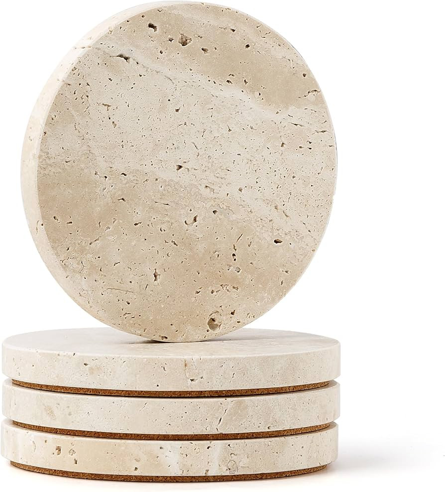 WORHE Natural Travertine Marble Coasters Set of 4-4" Round Stone Drink Coasters, Non-Slip Cork Ba... | Amazon (US)