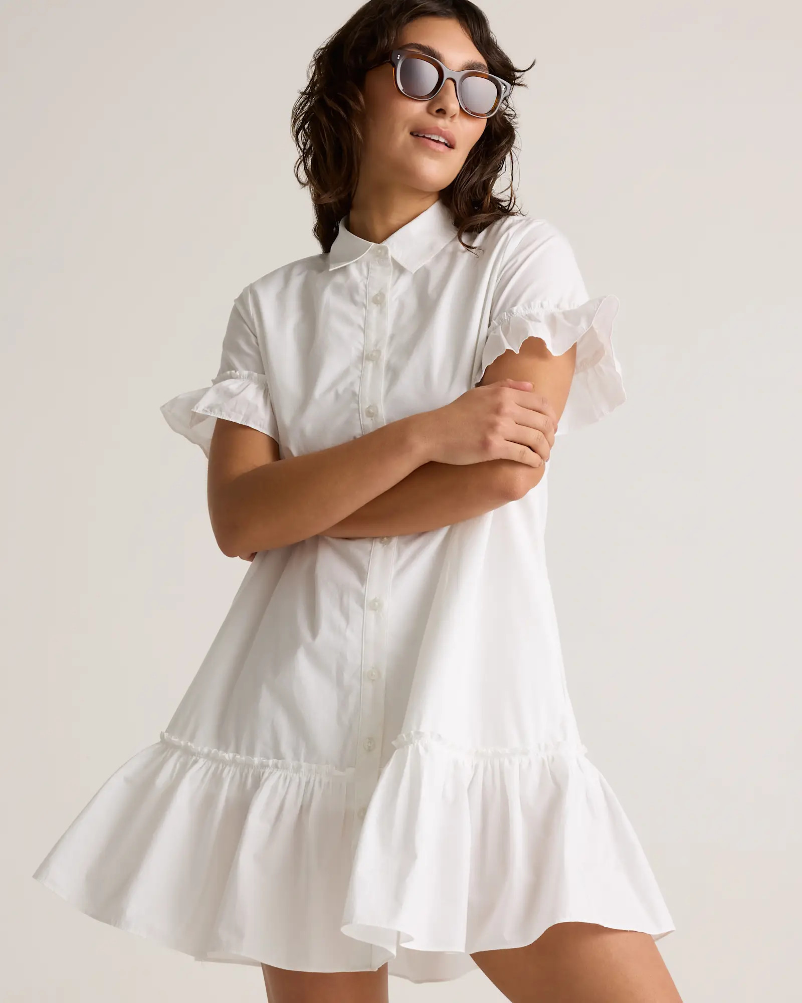 100% Organic Cotton Poplin Short Sleeve Ruffle Shirt Dress | Quince