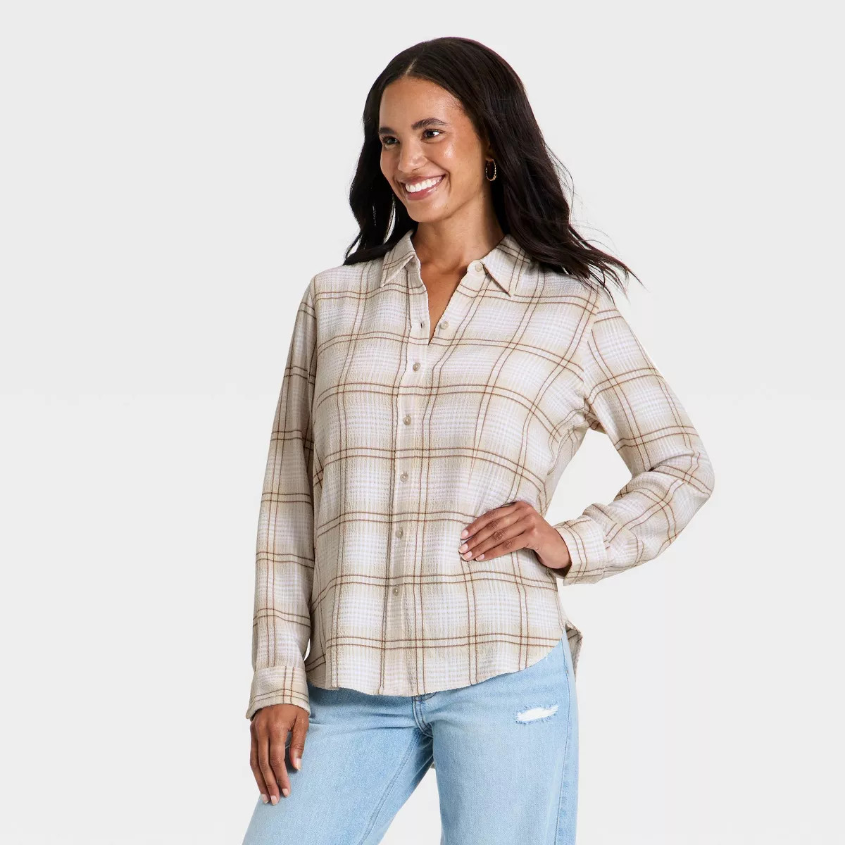 Women's Long Sleeve Pointed Collar Button-Down Shirt - Universal Thread™ Cream Plaid M | Target