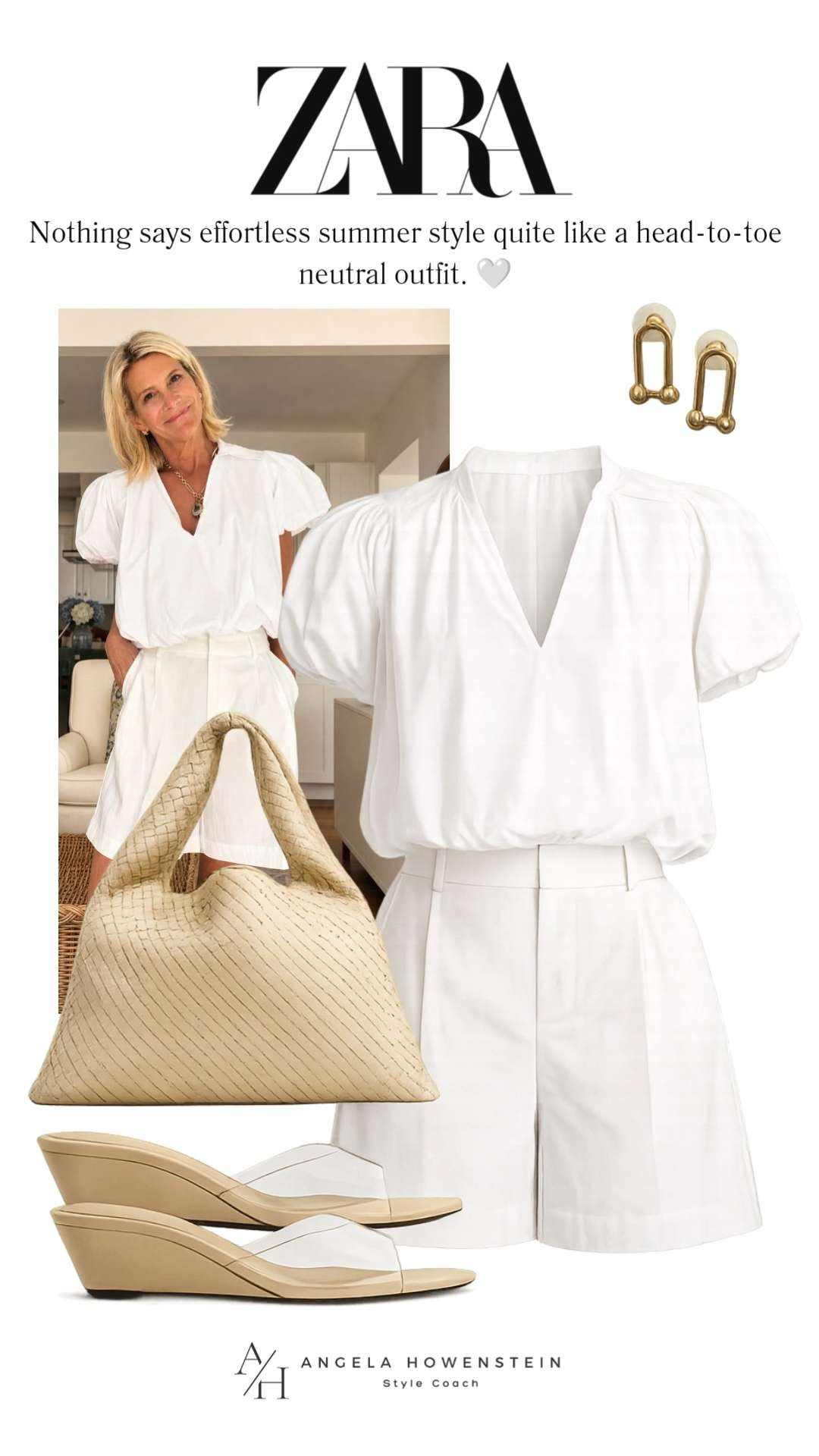You can never go wrong with an all-neutral outfit. This effortless look pairs a flattering bubble-hem blouse with crisp white shorts, a woven tote, and comfortable wedge sandals for an outfit that's polished, timeless, and perfect for warm-weather days.

❤️ Heart = Support my posts
📌 Save = Get sale & restock alerts
🛍️ Follow me on LTK for more effortless everyday style. 

 #LTKootd #LTKSeasonal #LTKOver40
