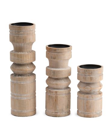 Set Of 3 Metal And Wood Candle Holder | TJ Maxx