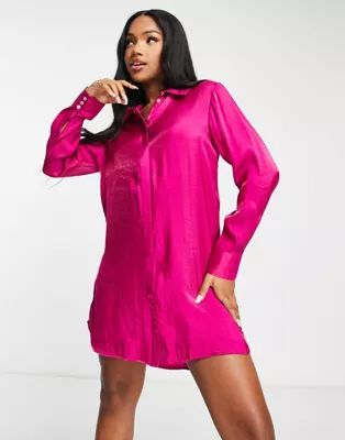 JDY exclusive satin shirt mini dress in bright pink | ASOS (Global)