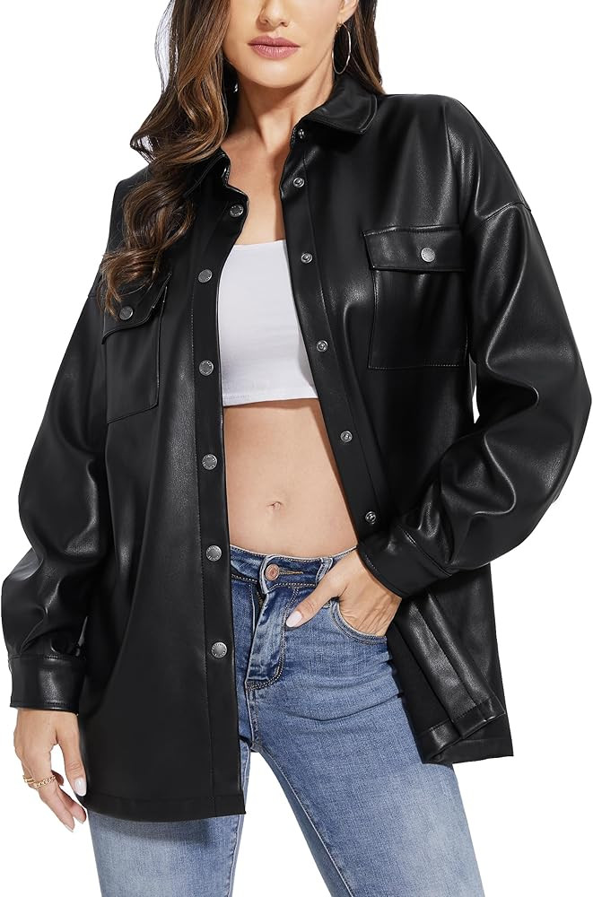 Fahsyee Women Faux Leather Shacket Moto Biker Shirts Loose Fit Blazer Long Sleeves Button Casual ... | Amazon (US)