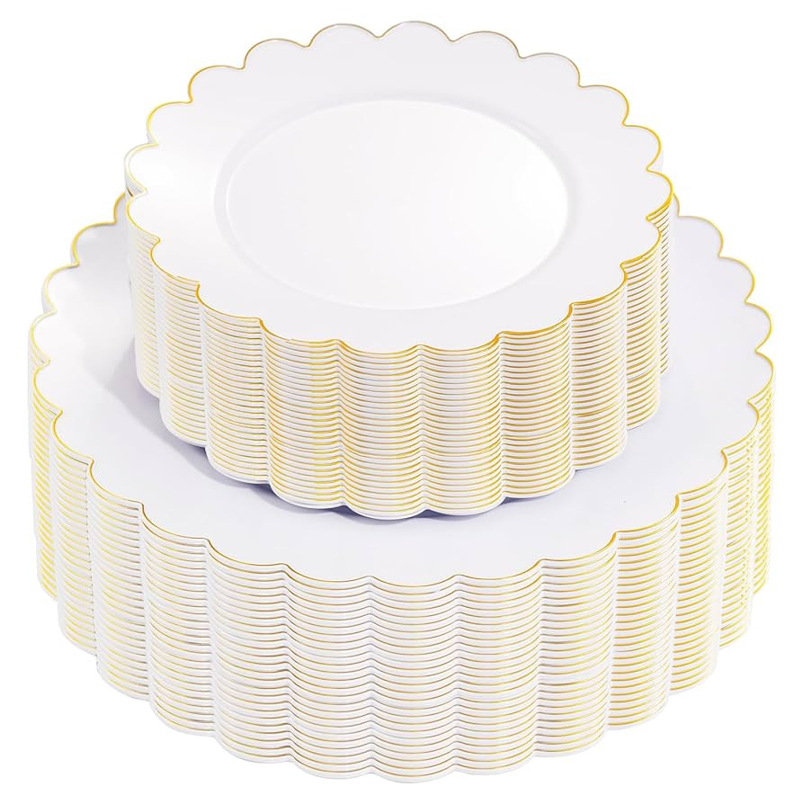 supernal 100PCS Gold Scalloped Plastic Plates -White and Gold Disposable Plates for Party Wedding... | Amazon (US)