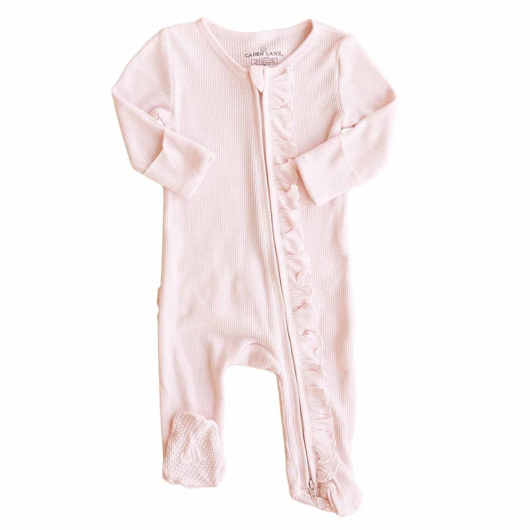 Pearl Pink Waffle Bamboo Zipper Ruffle Footie | Caden Lane