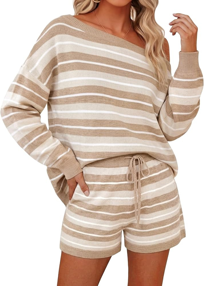 ZESICA Women's 2 Piece Striped Casual Long Sleeve Sweater Shorts Sets | Amazon (US)