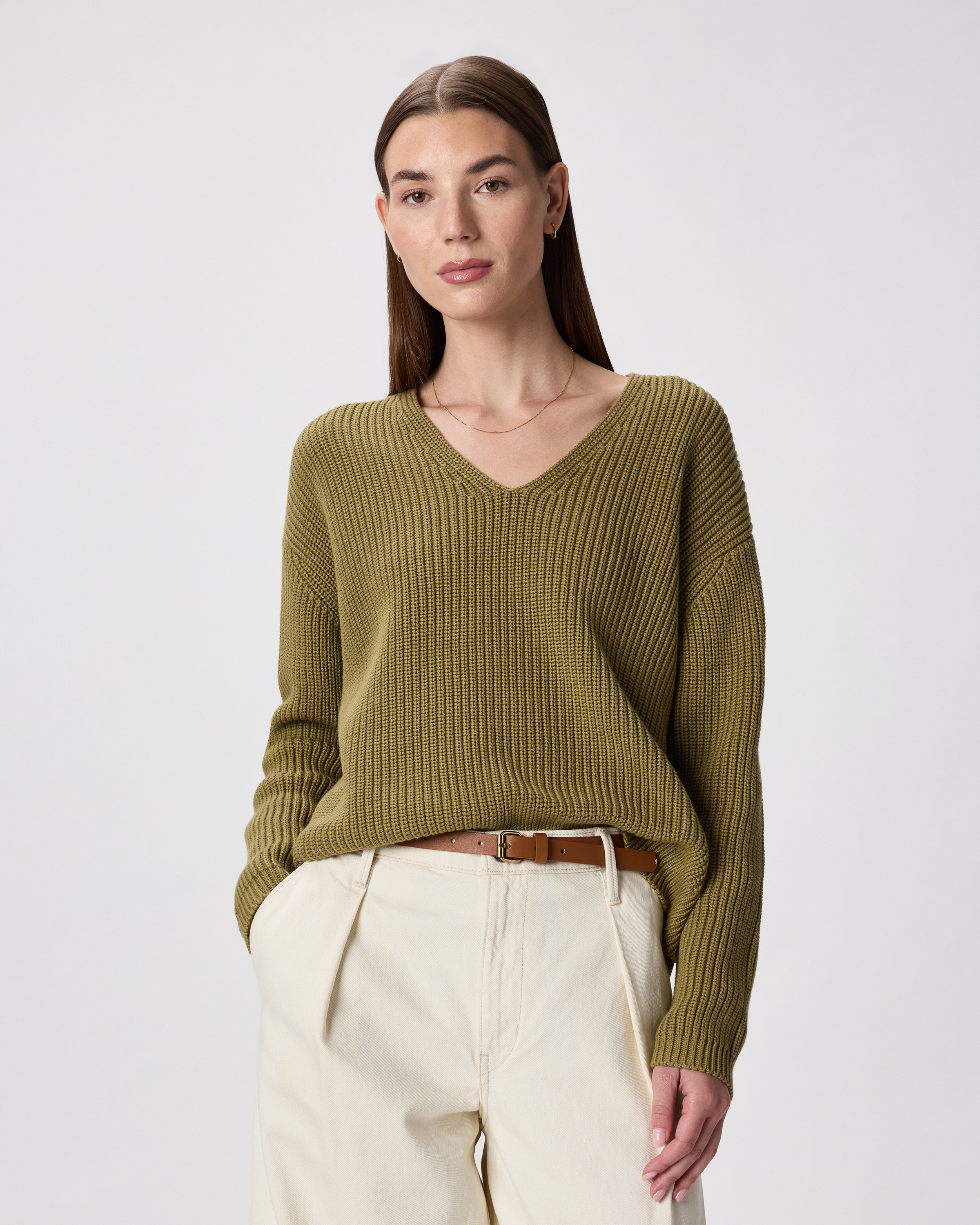 Quince | Women's Fisherman V-Neck Sweater in Herb Green, Size XS, Organic Cotton | Quince