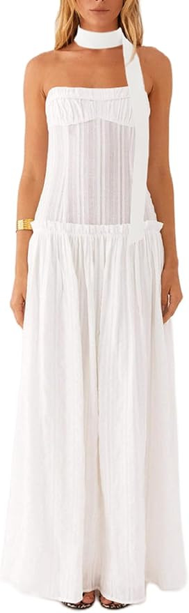 Women Strapless Maxi Dress Drop Waist Y2k Backless Tube Long Dresses Off Shoulder Flowy A Line Be... | Amazon (US)