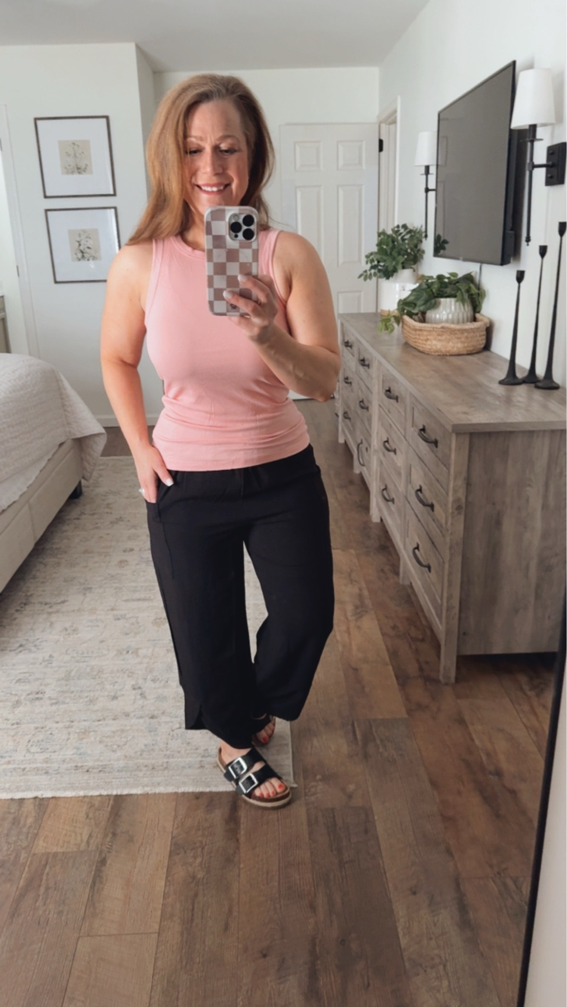 Spring + summer outfit inspo

•Sleeveless tank
•Pants - wide leg palazzo pants,  loose fit and smocked elastic waistband
•Sandals 

I wear a small in top and pants 
Shoes TTS

#LTKMidsize #LTKootd #LTKPetite