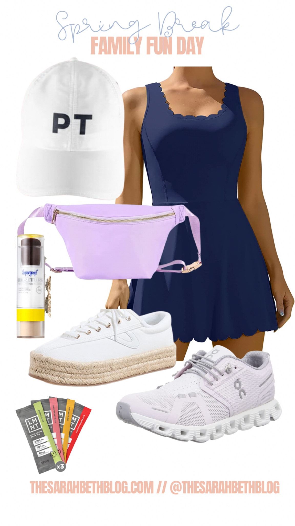 Spring break family fun day athletic scallop dress from Amazon. Purple Stoney clover dupe Fanny pack LMNT electrolyte powder and monogram baseball hat 

#LTKSeasonal #LTKtravel #LTKfit