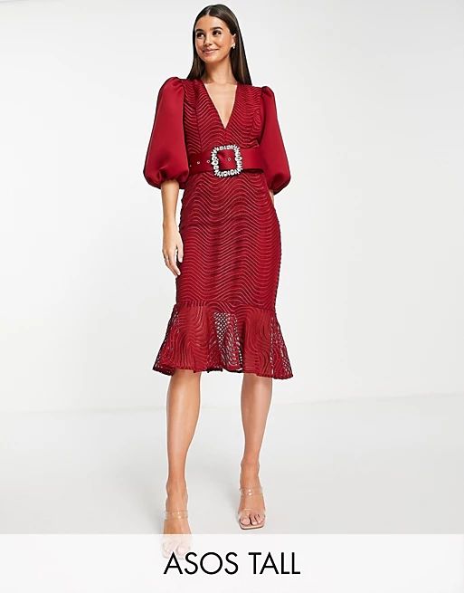 ASOS DESIGN Tall puff sleeve wiggle lace midi dress with pocket detail in red | ASOS (Global)