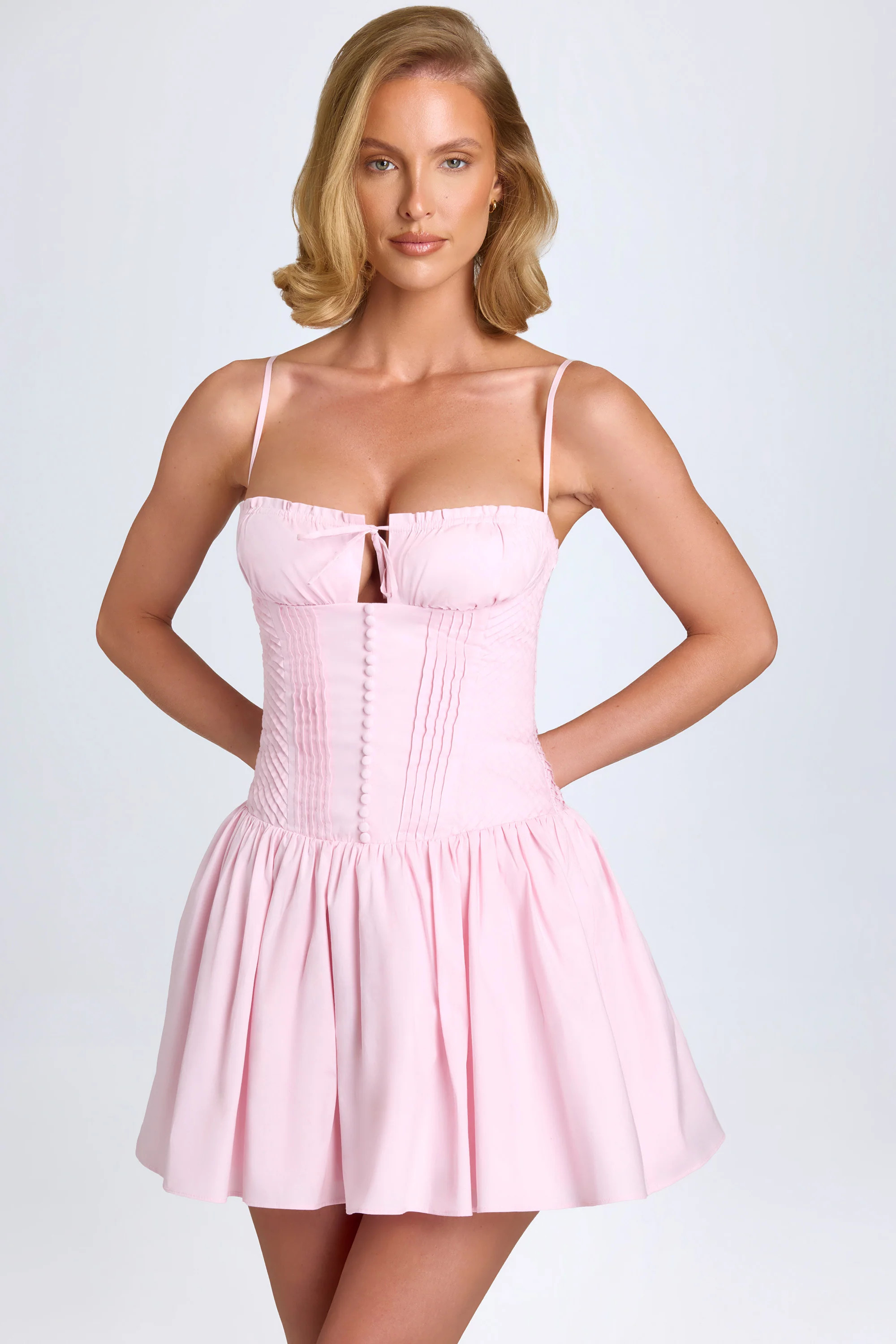 Pintucked Shirred Mini Dress in Blush | Oh Polly