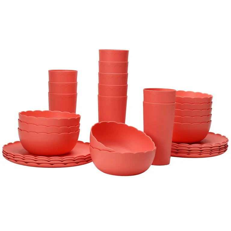 Mainstays 30-Piece Plastic Scalloped Dinnerware Bundle Set, Coral - Walmart.com | Walmart (US)