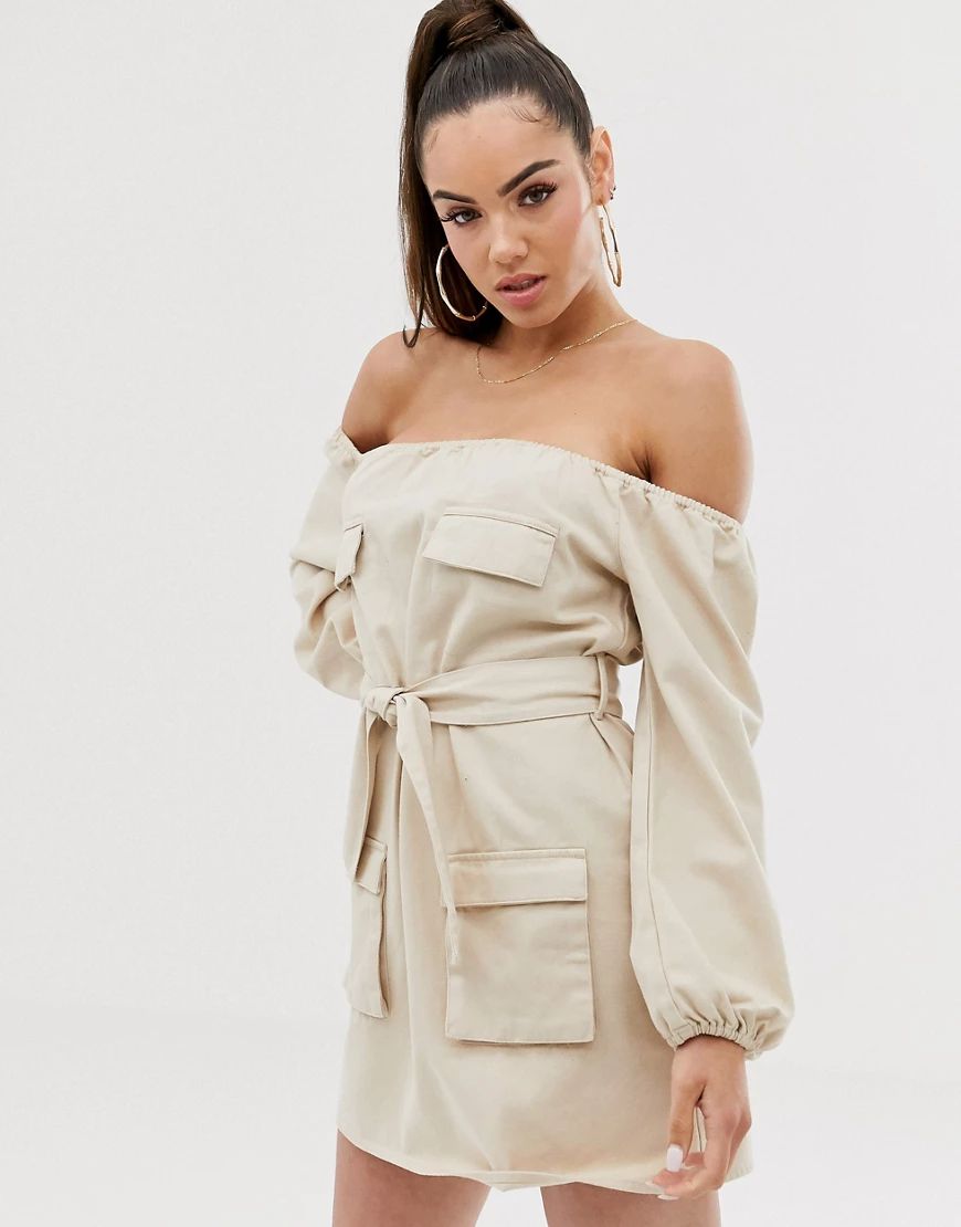 ASOS DESIGN denim off shoulder utility dress-Beige | ASOS (Global)