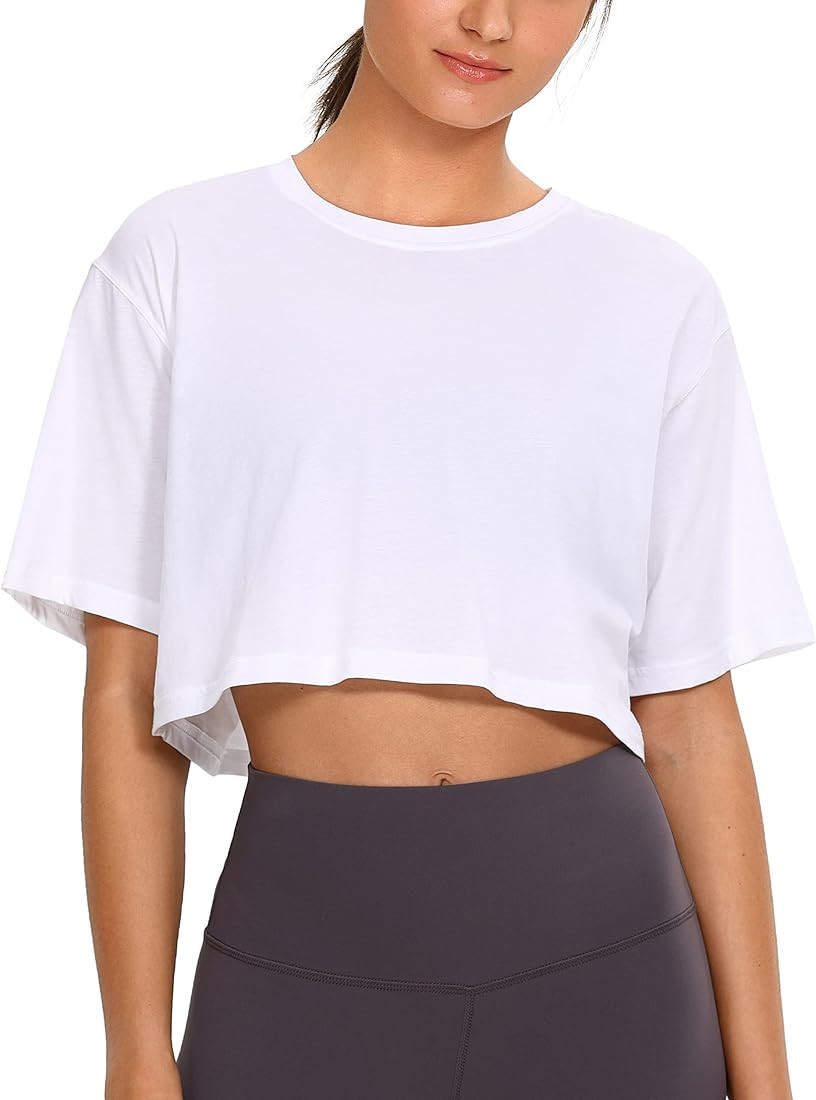 Women's Pima Cotton Workout Crop Tops Short Sleeve Yoga Shirts Casual Athletic Running T-Shirts | Amazon (US)