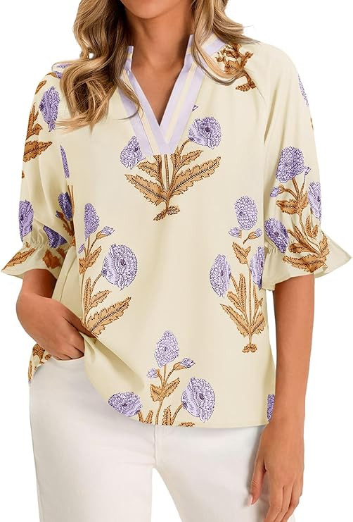 Cicy Bell Womens Summer Floral Blouses Puff Ruffle Sleeve V Neck Boho Shirts Dressy Casual Flowy ... | Amazon (US)