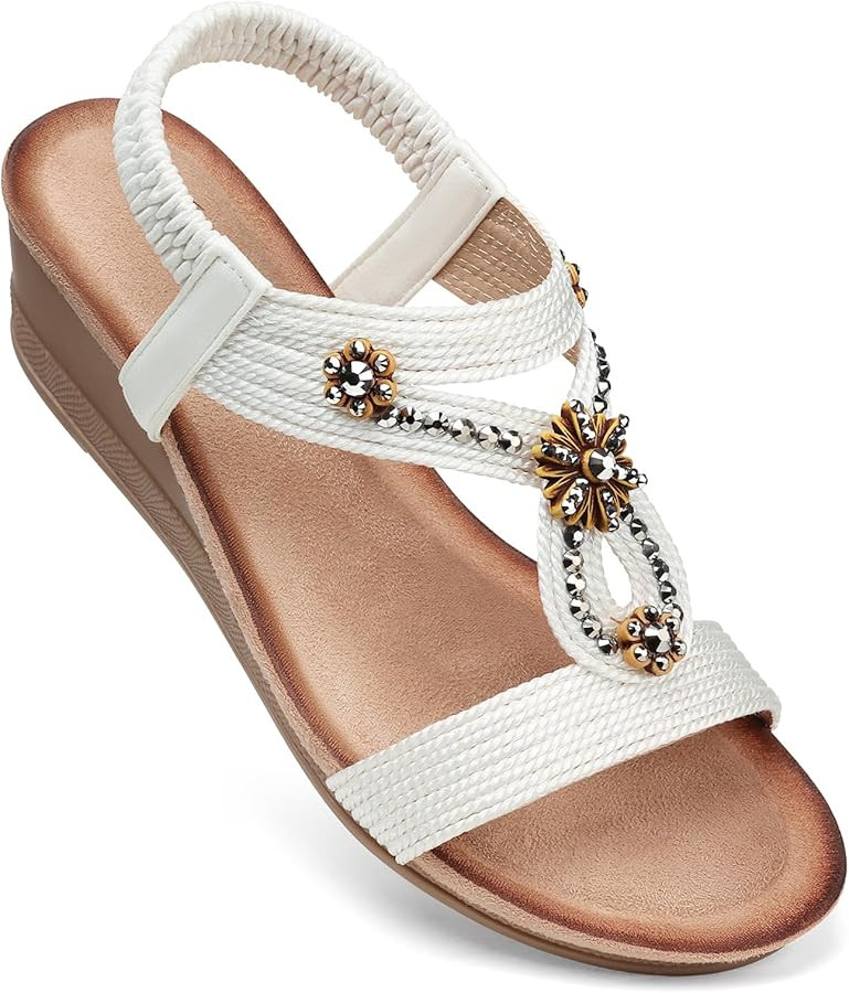 SHIBEVER Womens Wedge Sandals Flower Low Heel Dressy Sandals Elastic Ankle Strap Rhinestone Summe... | Amazon (US)