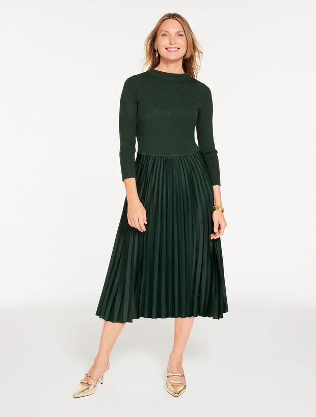 Mixed Media Pleated Midi Dress | Talbots