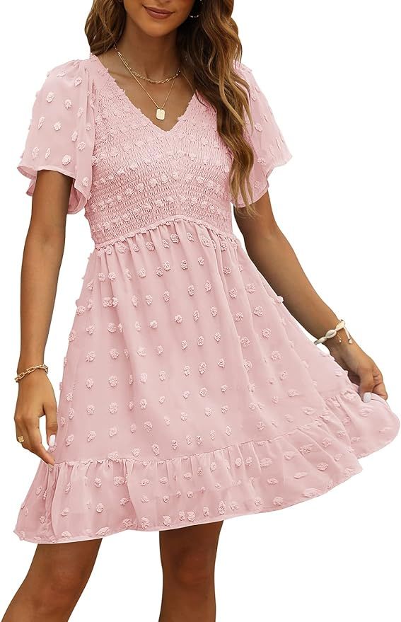 TECREW Womens Smocked Short Sleeve V Neck Mini Dress Summer Swiss Dot Flowy Short Dress | Amazon (US)