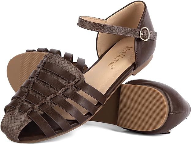 MaxMuxun Women's Closed Toe Flat Sandals Comfortable Ankle Strap Cut Out Cage Summer Roman Shoes | Amazon (US)