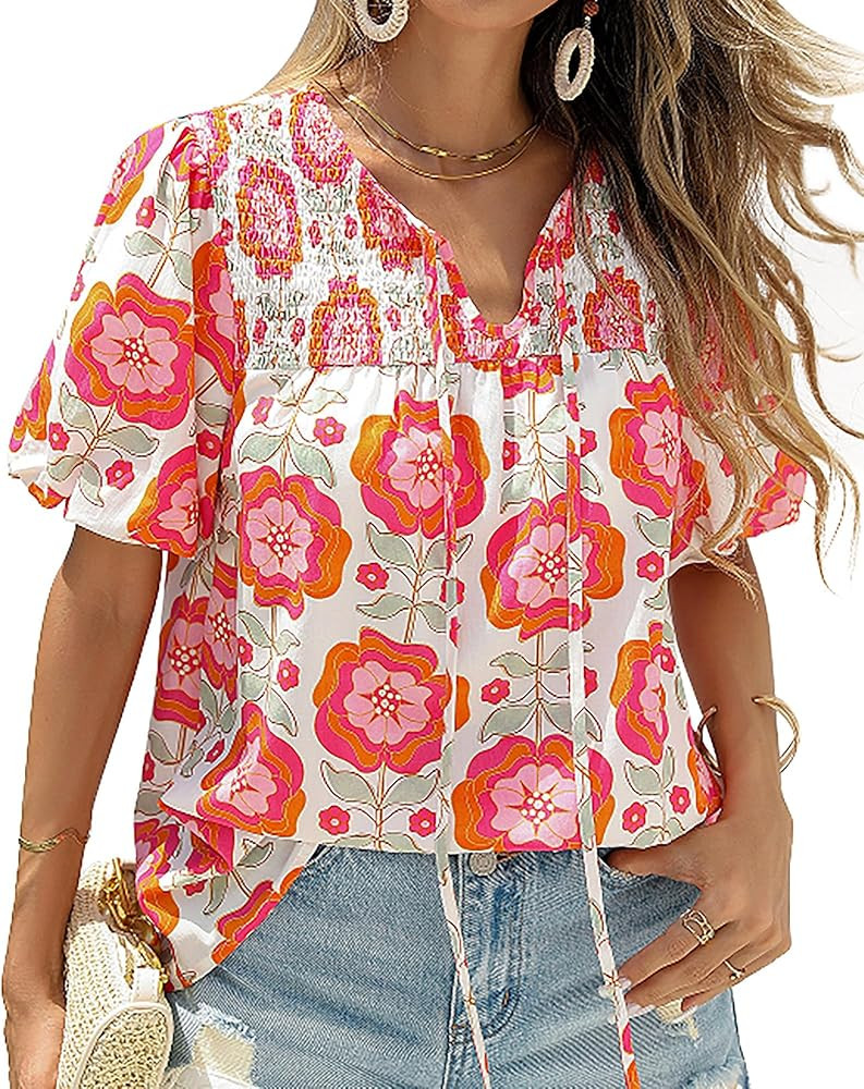KIRUNDO Boho Tops for Women Summer 2026 Dressy Floral Blouse V Neck Drawstring Short Sleeve Shirt... | Amazon (US)