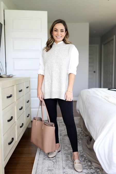 Comfortable outfit idea for work with leggings. 

Leggings: petite xxs 
White top: xs 
Vest: xs 
Shoes: tts in soft beige 


#LTKworkwear #LTKstyletip