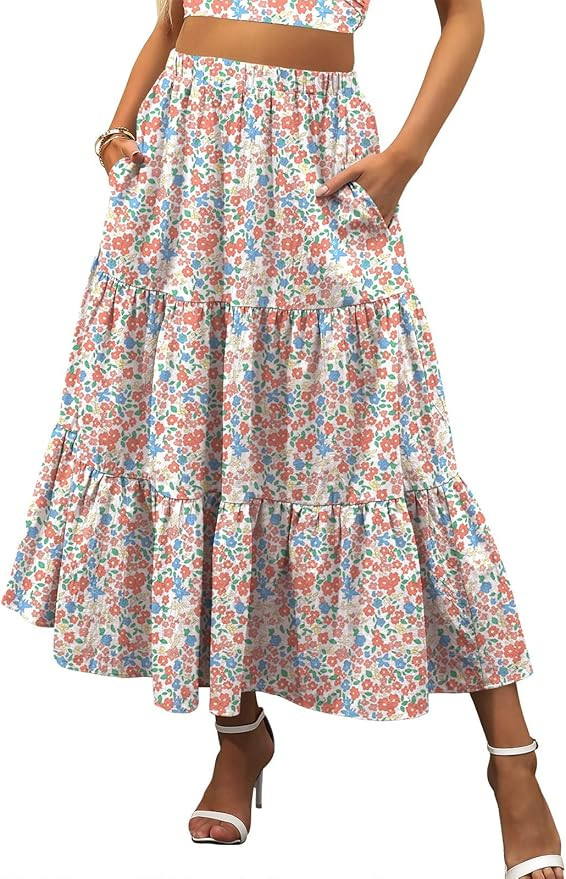 ANRABESS Women’s Summer Boho Elastic Waist Pleated A-Line Flowy Swing Tiered Long Beach Skirt D... | Amazon (US)