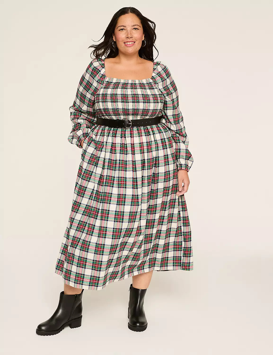 Lurex Square-Neck Smocked-Bodice Plaid Midi Dress | Lane Bryant (US)