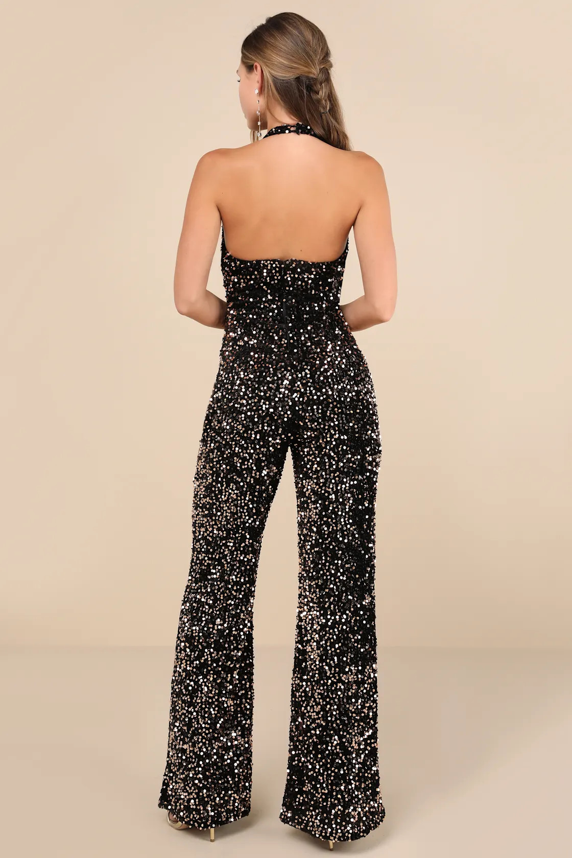 Mesmerizing Diva Black Sequin Wide-Leg Halter Jumpsuit | Lulus