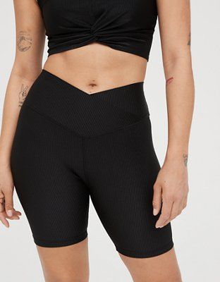 OFFLINE Ribbed Shine High Waisted Crossover 7" Bike Short | American Eagle Outfitters (US & CA)