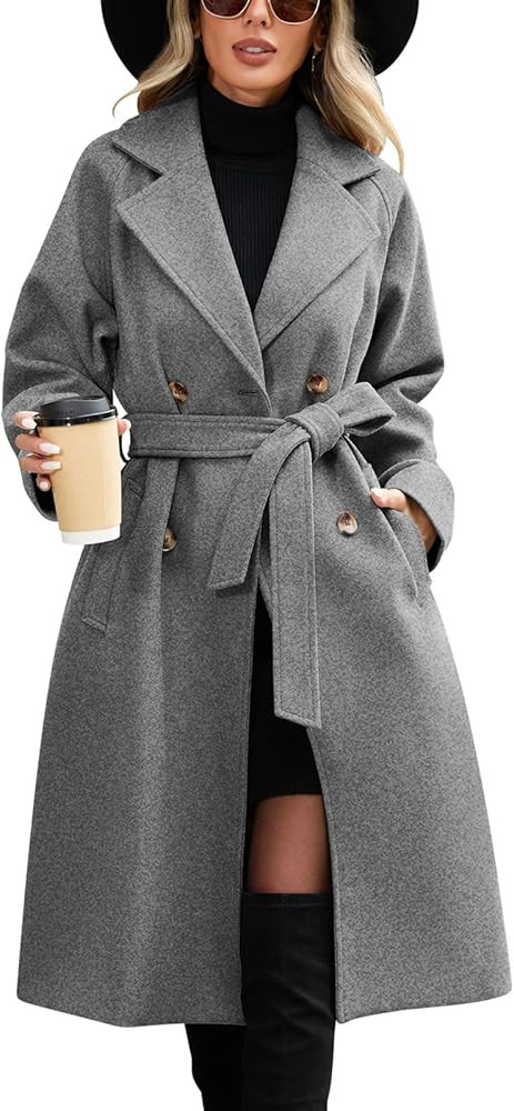 Women's Mid-length Autumn and Winter Long Trench Coat With Belt, Elegant Double Breasted Pea Coat | Amazon (US)