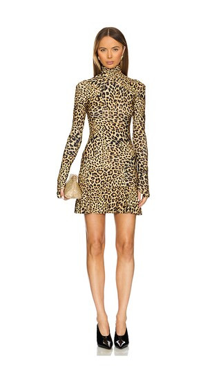 Long Sleeve Turtleneck Fishtail Mini Dress in Cheetah Patch | Revolve Clothing (Global)