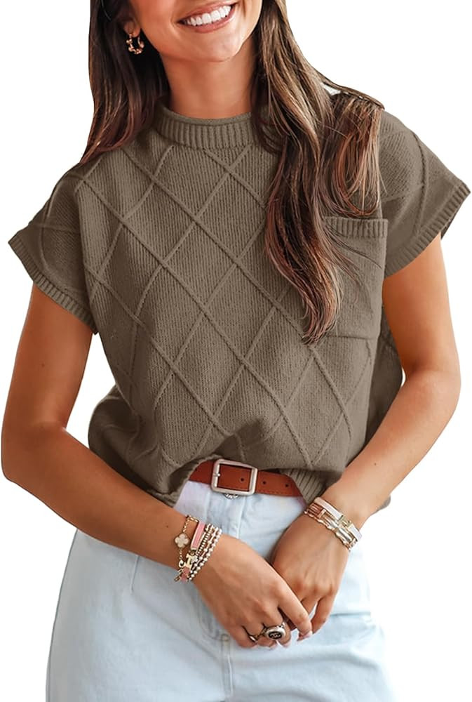 Saodimallsu Womens Summer Mock Neck Sweater Cap Short Sleeve Sweater Vest Casual Loose Knit Pullo... | Amazon (US)