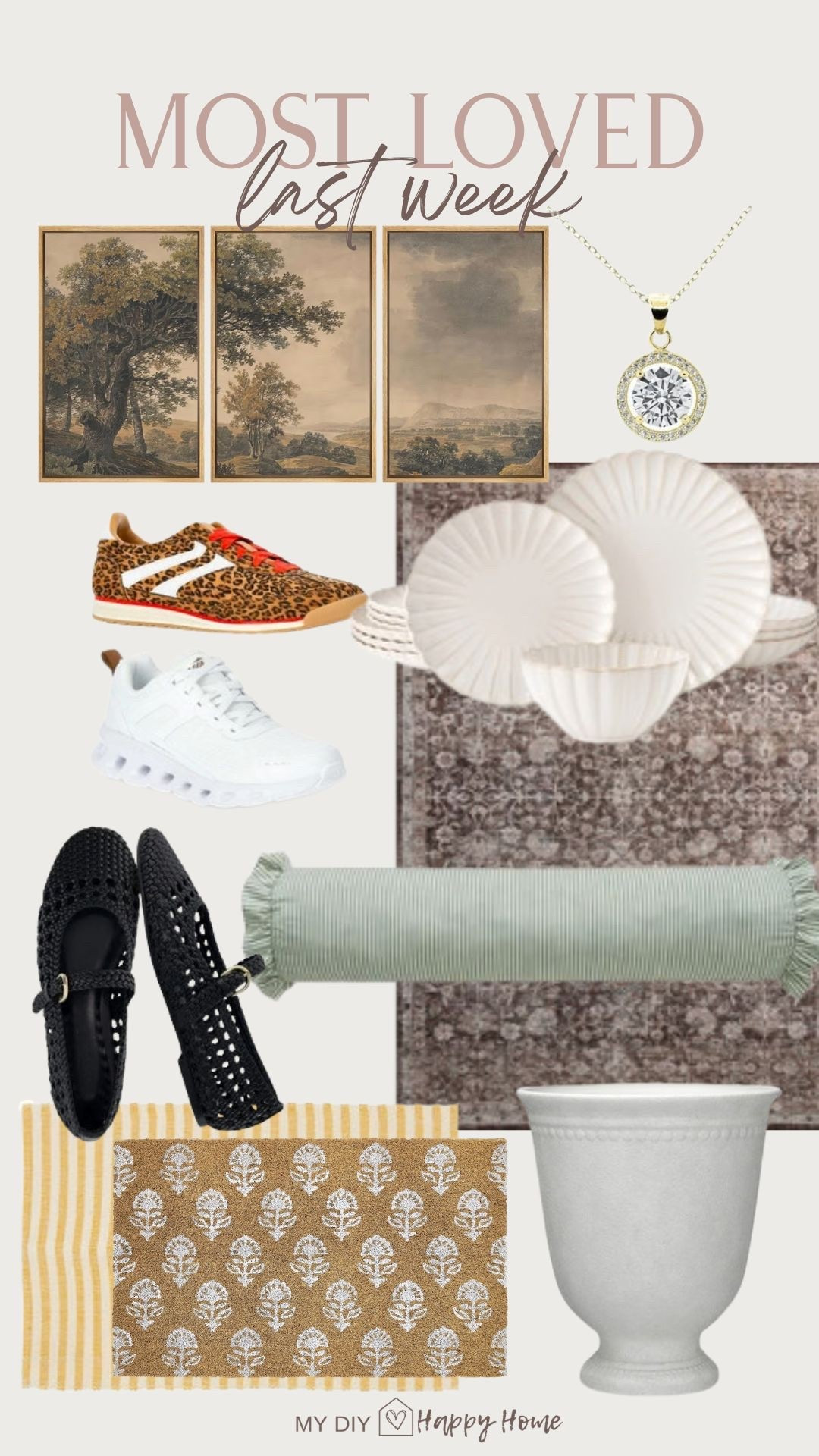 Most loved of the week:

•Vintage look artwork 
•Washable rug
•Necklace 
•Sneakers that remind me of On C1ouds for less 
•leopard retro sneakers 
•Mary Jane flats 
•ruffle ticking stripe lumbar pillow 
•scallop dinnerware set 
•layered doormats 
•outdoor planter  

#LTKSeasonal #LTKMidsize #LTKHome