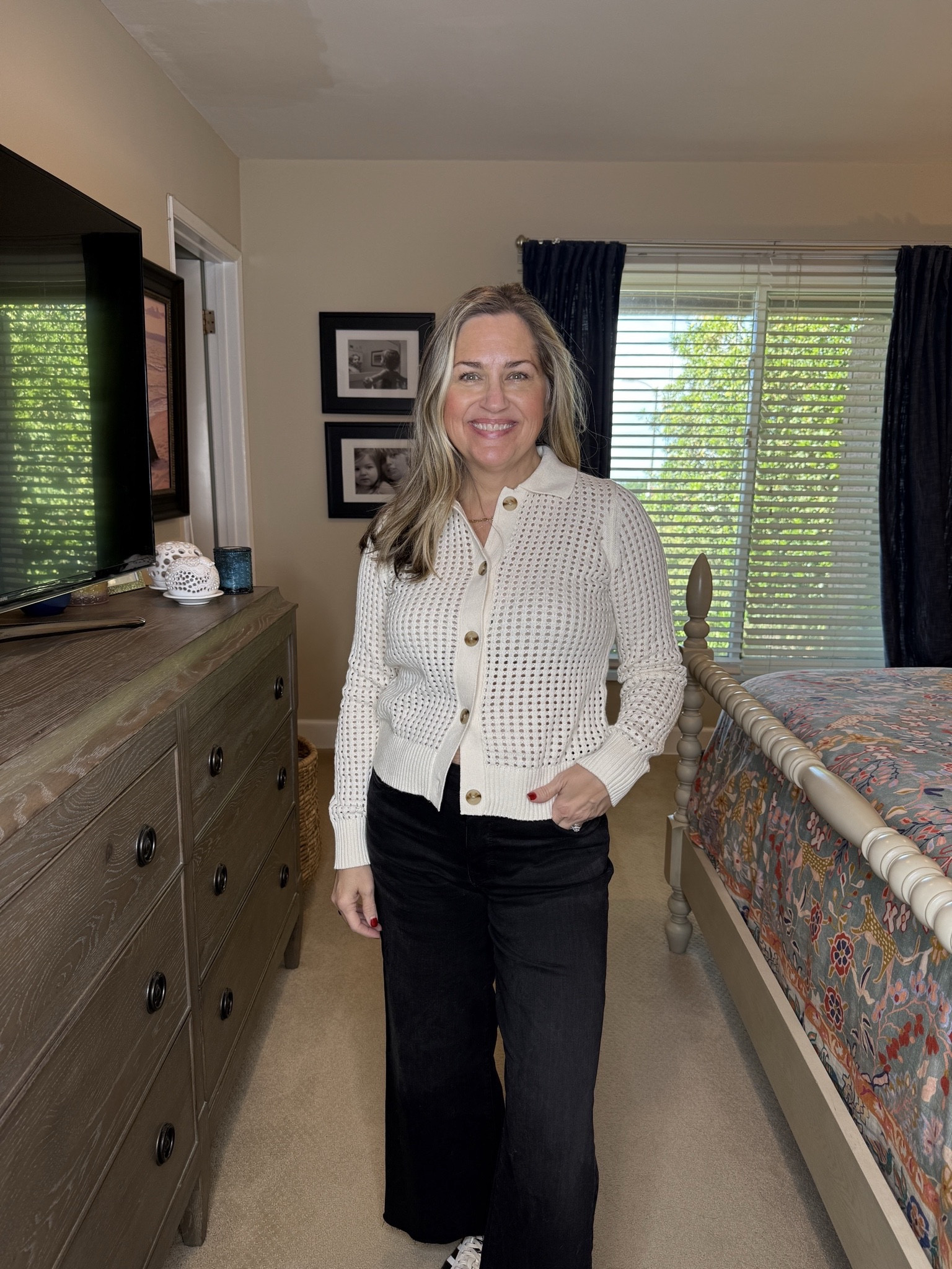 Open weave cardigan with wide leg, flattering black jeans  

#LTKootd #LTKOver40 #LTKPetite