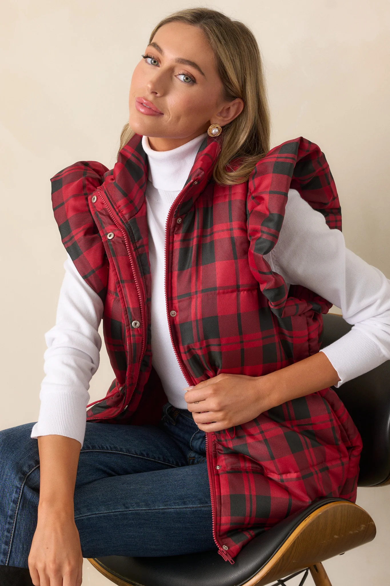 I Found You Red Plaid Flutter Sleeve Puffer Vest | Red Dress