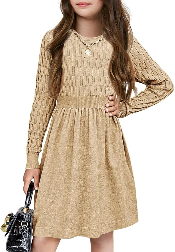 Meikulo Girls Textured Knit Sweater Dress Kids Long Sleeve A-line Fall Dresses 3-12 Years | Amazon (US)