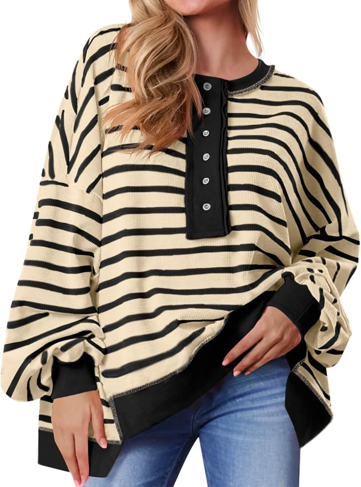 Tankaneo Womens Oversized Striped Sweatshirts Loose Pullover Fall Outfits | Amazon (US)