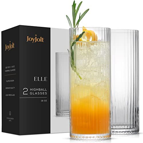JoyJolt Elle 16oz Fluted Highball Glasses Set of 2, Ribbed Tall Cocktail Tumblers for Gin Juice Water, Vintage Style Drinking Glasses | Amazon (US)