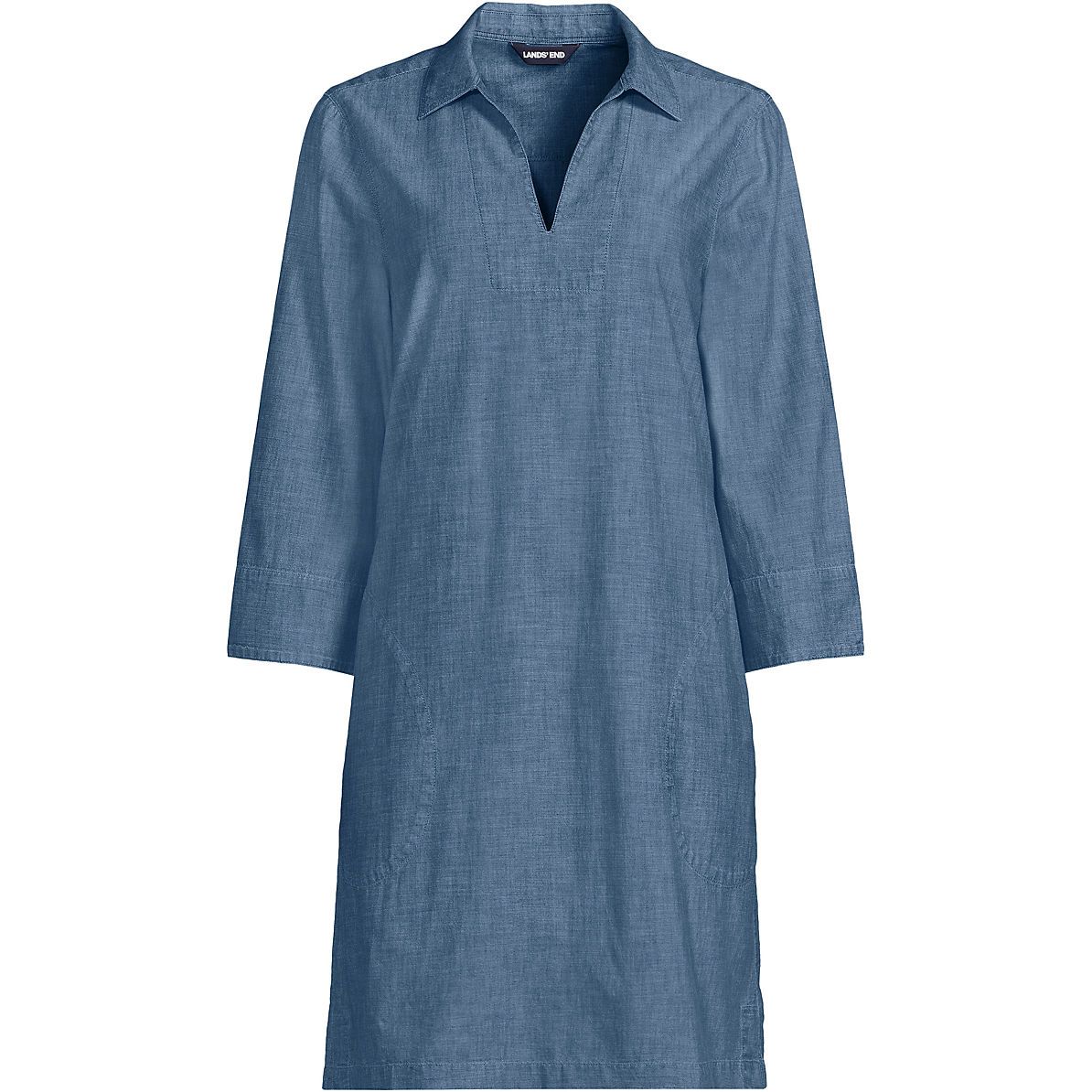 Women's Cotton Poplin 3/4 Sleeve Split Neck Dress | Lands' End (US)