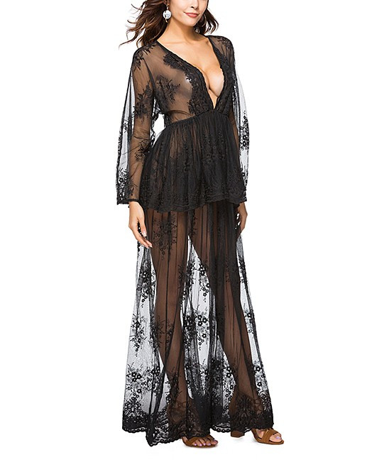 Chateau Amour Women's Maxi Dresses BLACK - Black Lace Sheer Maxi Dress - Women | Zulily