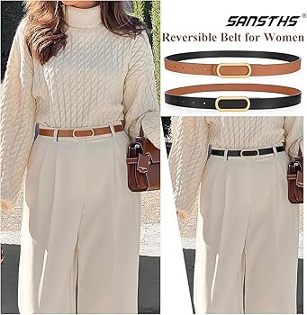 SANSTHS Reversible Belts for Women, Two-in-one Thin Waist Belt Women for Dresses Jeans Coats with... | Amazon (US)
