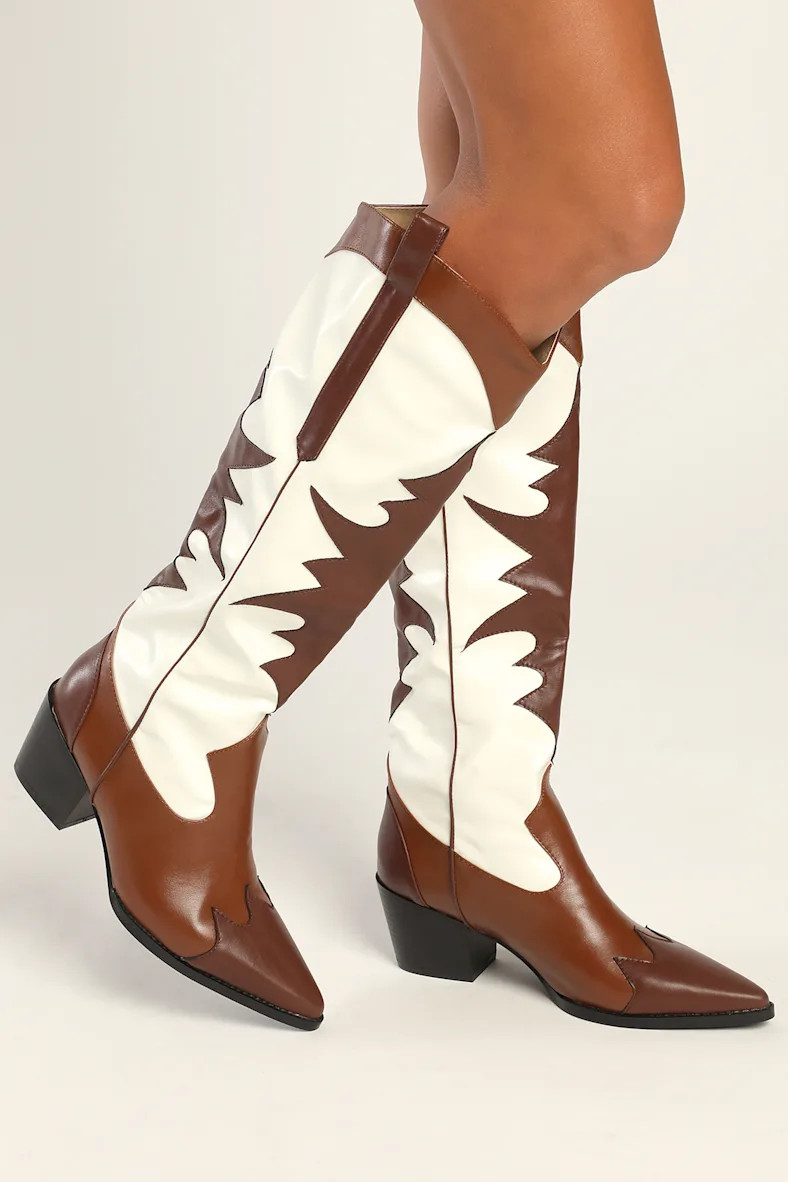Raynna Tan Color Block Knee-High Western Boots | Lulus