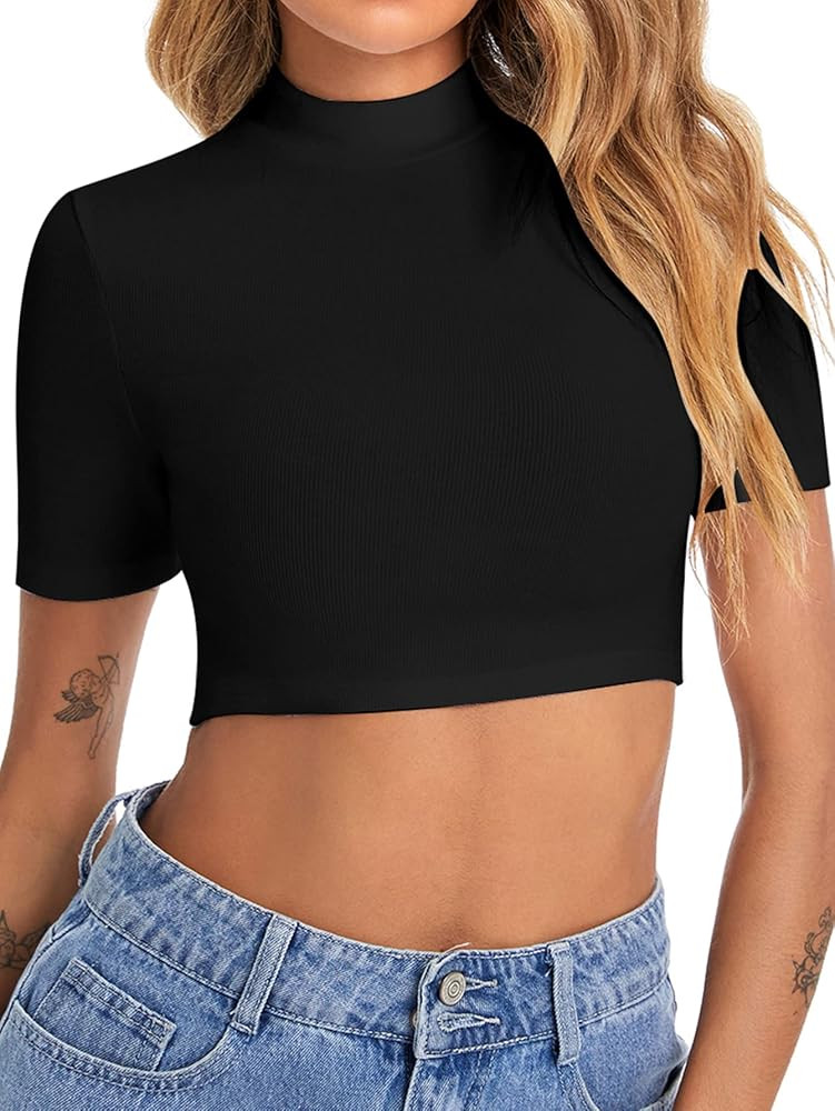 Verdusa Women's Basic Mock Neck Short Sleeve Slim Fit Crop Tops T-Shirts | Amazon (US)