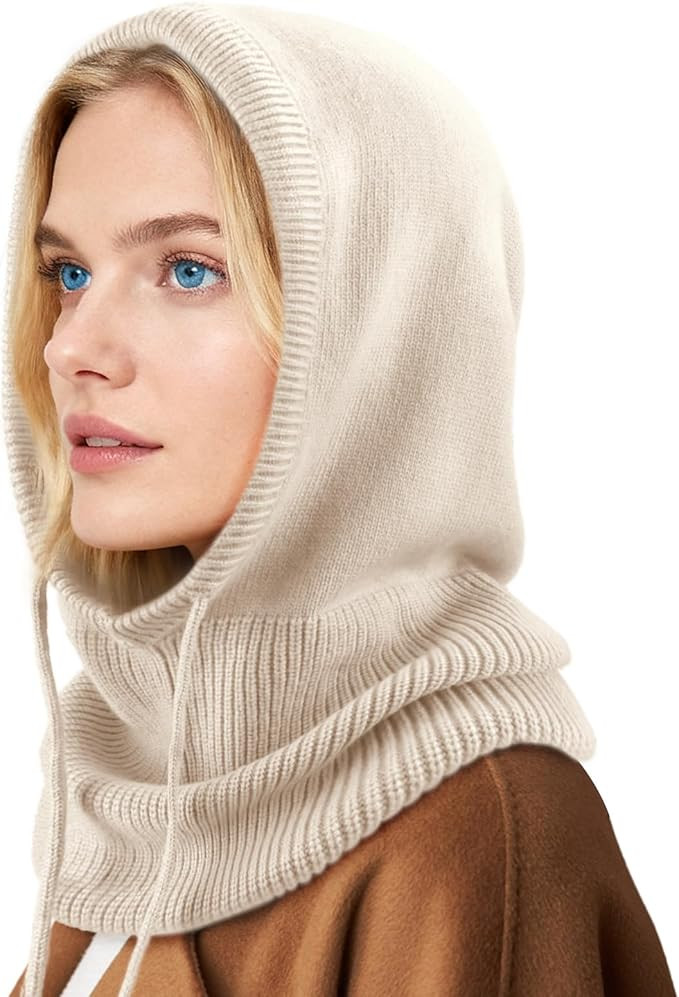 Hooded Scarf Hat Knit Balaclava Women Beanie Skull Cap with Drawstring Warm Winter Hats for Women... | Amazon (US)