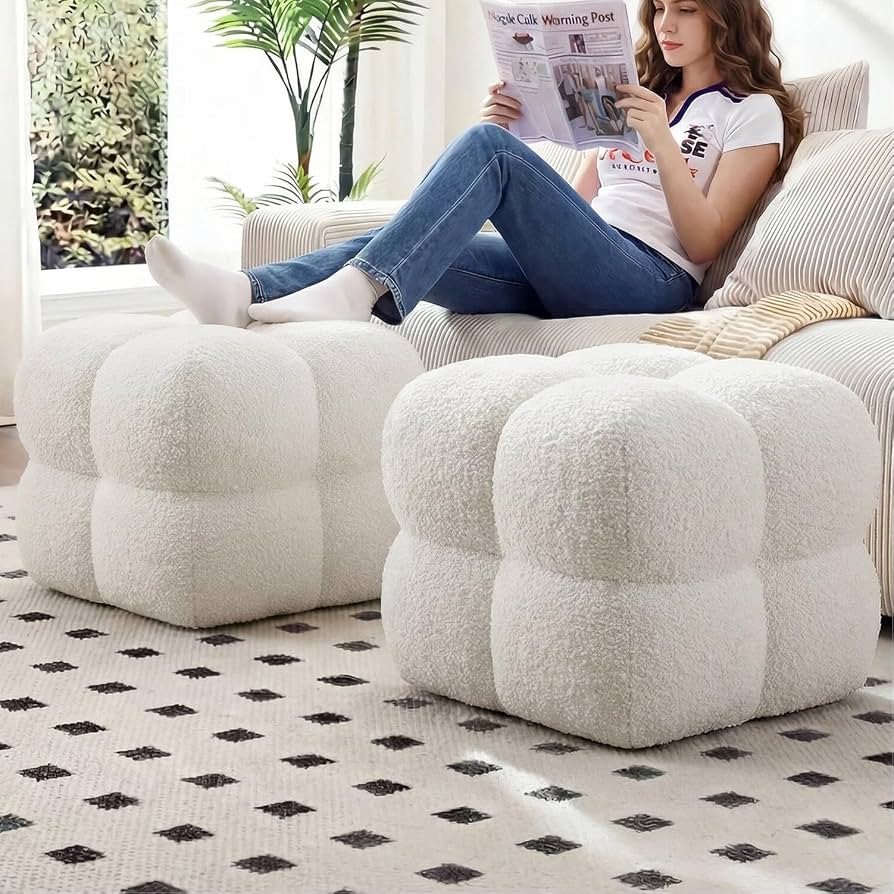 Zesthouse Square Pouf Ottomans Set of 2, Modern Backless Vanity Stool for Bedroom, White Fuzzy Fo... | Amazon (US)